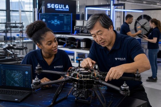 Segula Technologies' engineering team designing an industrial drone in the innovation lab.