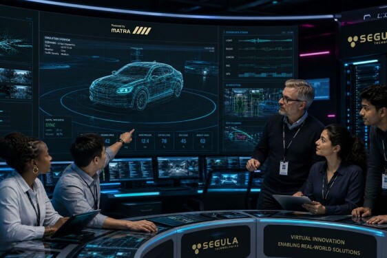 A team of engineers from Segula Technologies analyzing a 3D model of a vehicle in a control room.